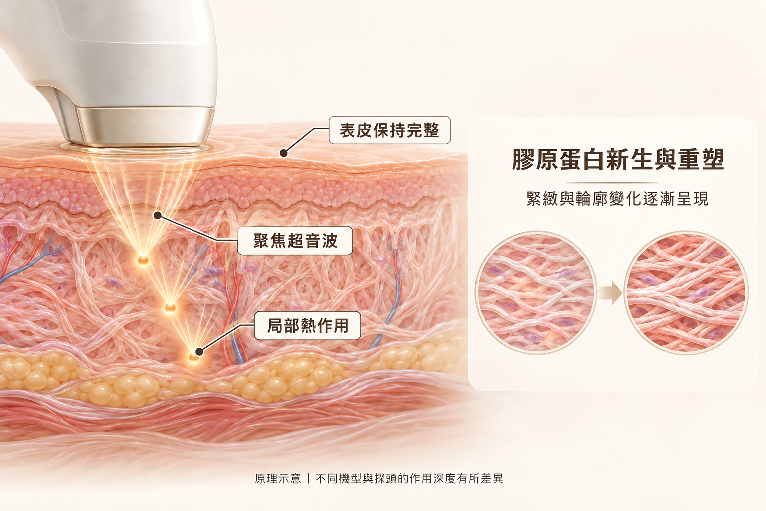 音波拉提透過聚焦超音波在特定組織深度產生局部熱作用的原理示意。